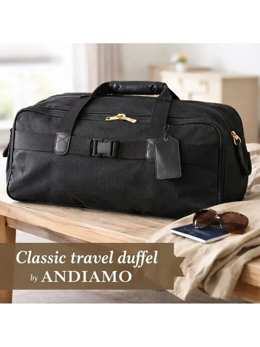 Andiamo Black Nylon Leather Trim Duffel Bag | Weekender Carry On Travel Bag